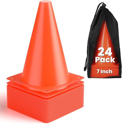GHB Soccer Cones 7" 9" of 12 24 Pack Disc Soccer Sport Cones Training Field Marker Agility Cones for Basketball, Coaching, Practice Equipment Includes Drills Guide