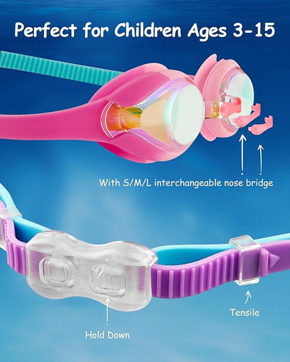 Kids Swim Goggles, Anti-fog and UV Protection with Swim Cap for Age 3-15 Youth Boys Girls Toddler