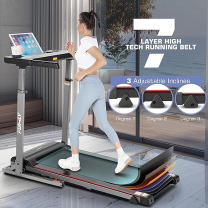 Treadmill with Desk Workstation & Adjustable Height, 300 LBS Weight Capacity, Folding Treadmill with 3 Level Incline, Bluetooth Speaker & App, Portable 2.5HP Walking Pad with Desktop for Home Office