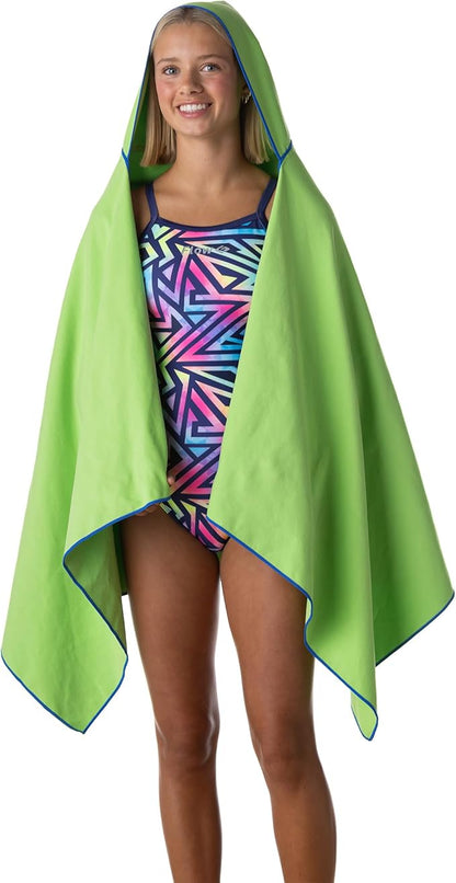 Flow Hydro Sport Towel - Microfiber Quick Dry Swimming Towels for Swim, Pool, Triathlon, and Other Water Sports in Medium, Large, Extra Large, and Hooded Sizes (Lime, Large w/Hood)