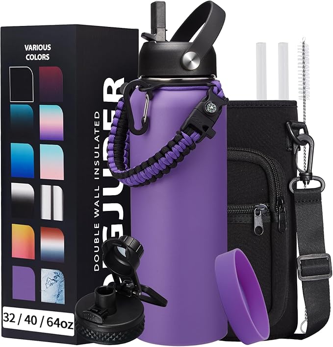 40oz Vacuum Stainless-Steel Water Bottles with Straw & Spout Lids, Leakproof Sports Metal Water Bottle Keeps Ice Cold-48Hrs Hot-24Hrs, Wide-mouth Water Bottle for Fitness Camping Running