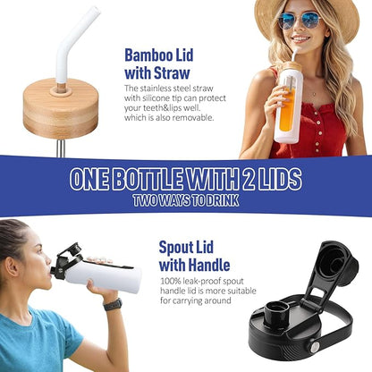 Kodrine Water Bottle with Straw, 24 oz Glass water Bottle with 2 Lids Bamboo Straw Lid and Spout Lid with Handle, 32 oz Clear Water Bottle Glass for Sports Travel, Waterbottle with Time Marker