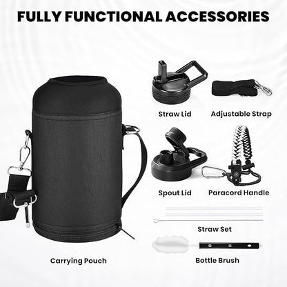 Insulated Water Bottle 64 oz, Triple Wall Vacuum Stainless Steel (Cold for 48 Hrs), Leak Proof & Non-BPA, Half Gallon Water Flask Jug with Paracord Handle & Straw Spout Lids, White/Black
