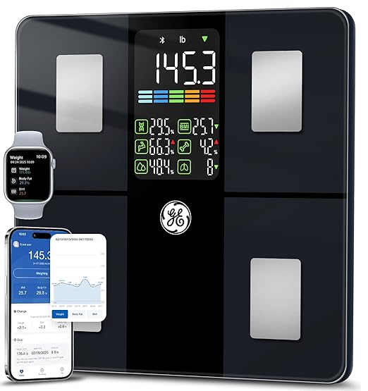 GE Smart Scale for Body Weight: Body Fat Scales Bathroom with BMI Muscle Mass 14 Body Composition Metrics with Large Display Accurate Bluetooth Weighing Machine with App 400 lbs