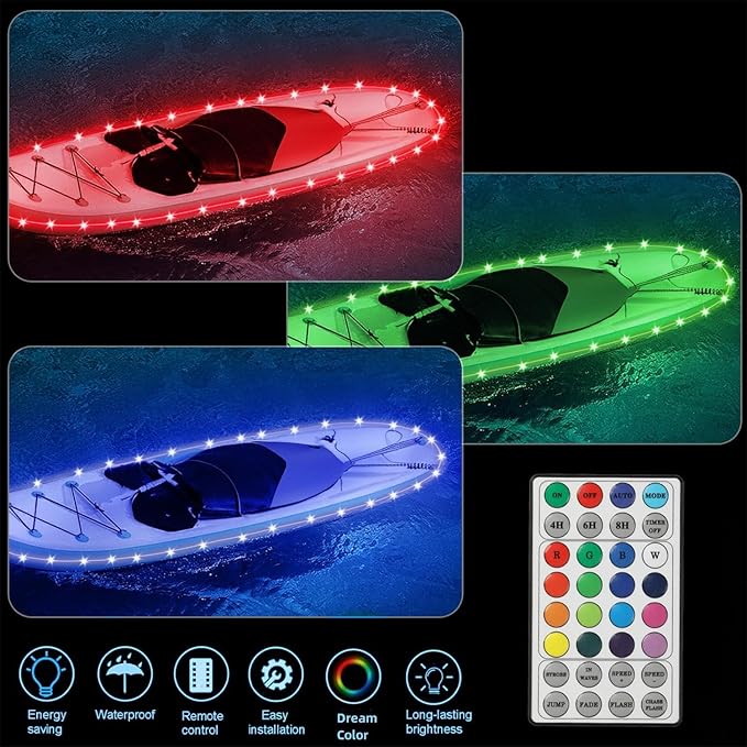 Kayak Paddle Board Lights Kit, IP68 Waterproof Dream Color SUP Glow Lights with Remote, Battery Powered Kayak Lighting for Night Kayaking SUP Canoes, Marine Boat Pontoon Light (22FT)