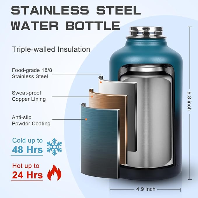 Insulated Water Bottle 64 oz, Half Gallon Water Jug Cold 48H, BPA Free Stainless Steel Bottles with Straw/Chug 2-in-1 Lid, Bag, Paracord Handle, Silicone Boot, Sports Gym School Metal Flask