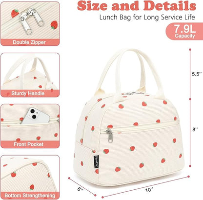 FlowFly Insulated Lunch Bag for Women – Corduroy Lunch Tote Box, Cute Cooler Bag for Work, Travel, Picnic, Corduroy Strawberries Beige