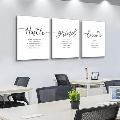 EPHANY Inspirational Wall Art - Large Office Wall Decor Painting, Hustle Grind Execute Quotes, office wall art,working room wall decor, gift for boss (H-3pcs,24x36inchx3pcs)