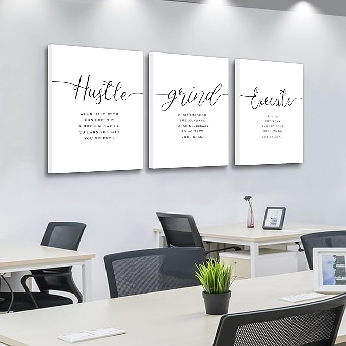 Framed Canvas Wall Art Hustle Quote, Office Wall Art, White Large Poster, Positive Motivational Set of 3 Prints, Execute Hustle Grind, Inspirational Print (H-3pcs,20x30inchx3pcs)