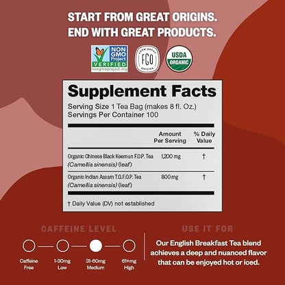 FGO Organic English Breakfast Black Tea, 100 Count, Eco-Conscious Tea Bags, Resealable Bag, Packaging May Vary (Pack of 1)