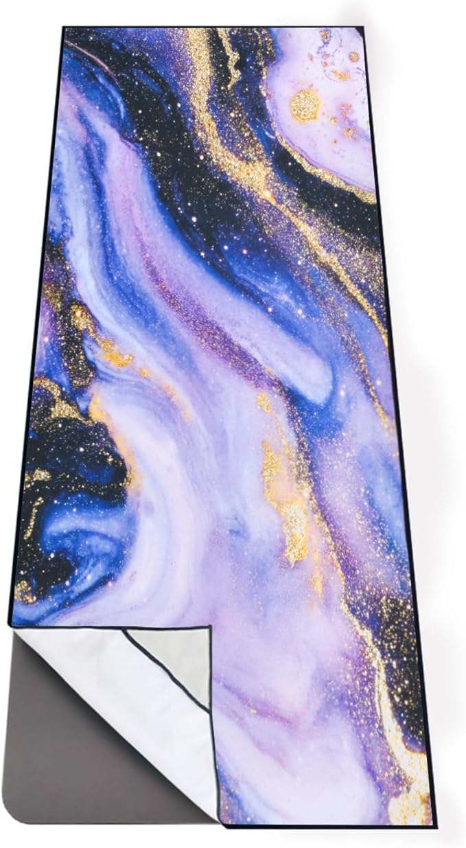 QIYI Large Yoga Mat Towel with Corner Pockets, Non Slip Sweat Absorbent Hot Yoga Towels, Soft Yoga Blankets with Travel Bag, Skidless Mat Cover for Workout, Gym, Fitness - 74"x26", Purple & Pink Grain