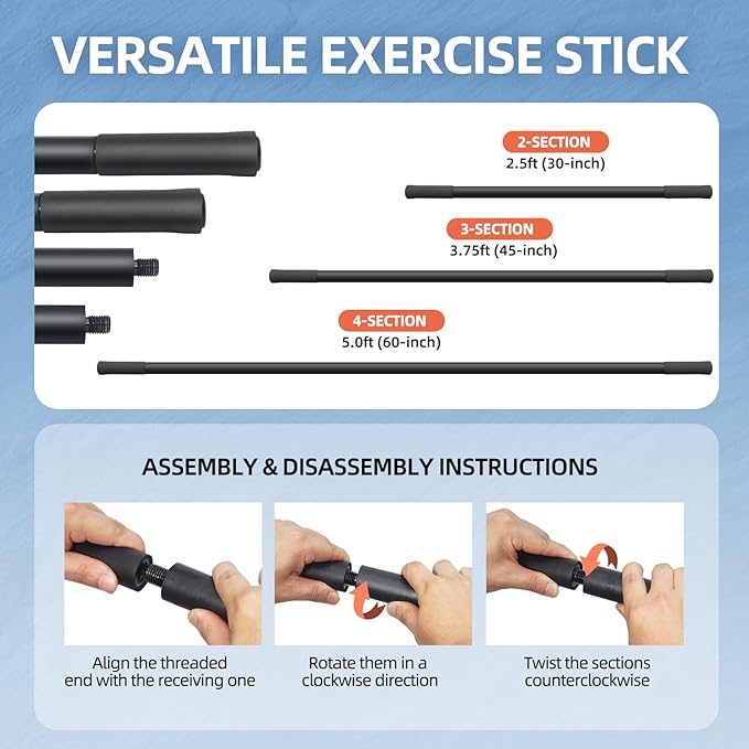 Yoga Stick 5 ft Sturdy Steel, Adjustable Stretching Stick for Mobility, Flexibility and Balance, Versatile Exercise Stick with 4 Steel Rods & Foam Handles for Fitness, Rehabilitation, and Posture