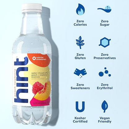 Hint Fruit-Infused Bottled Water, Peach Raspberry - Sugar Free Flavored Water with Zero Calories, Naturally Flavored, and No Artificial Sweeteners - 16 Fl Oz (Pack of 12)