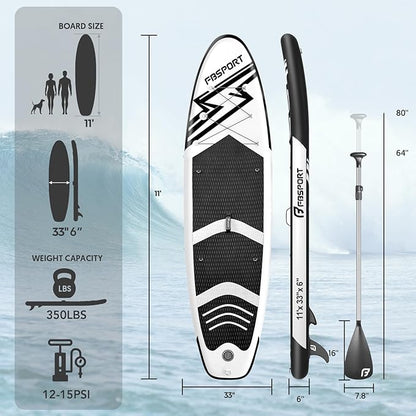FBSPORT 11' Premium Stand Up Paddle Board, Yoga Board with Durable SUP Accessories & Carry Bag | Wide Stance, Surf Control, Non-Slip Deck, Leash, Paddle and Pump for Youth & Adult