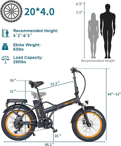 Fat Tire Folding Electric Bike, 48V & 624Wh Lithium Removable Battery, Peak 1100W Brushless Motor, Max Speed 28Mph, M5 Large LCD Display, Suspension, Step-Over/Thru Frame