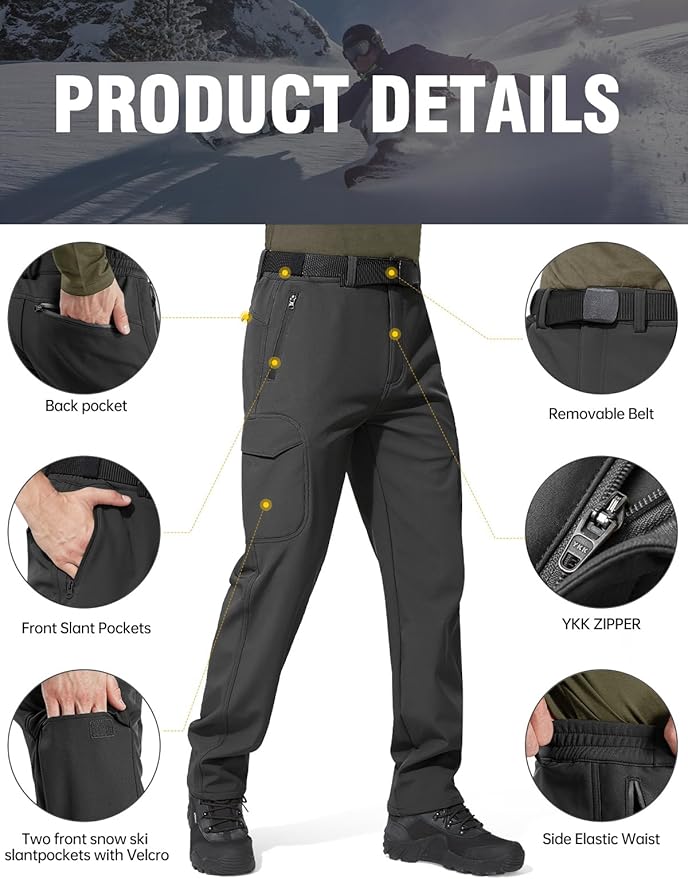FREE SOLDIER Men's Outdoor Softshell Fleece Lined Cargo Pants Snow Ski Hiking Pants with Belt