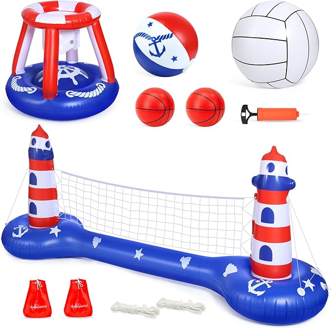 EagleStone Pool Volleyball Net &Basketball Hoop Inflatable Pool Floats Toys Swimming Water Games for Adults and Kids 8-12 Teens Volleyball Court Poolside Floaties