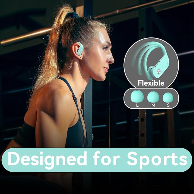 bmani Ear Buds Wireless Earbuds Bluetooth Headphones with 80H Playtime LED Display Case, Over-Ear Hook with Mic, Stereo Sound, Easy Button Controls, Sports Earphones for Running Workout Gym Mint Green