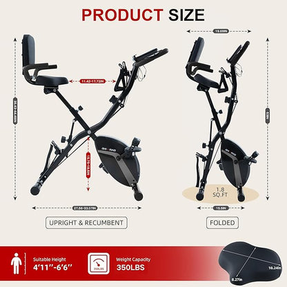 BARWING Stationary Exercise Bike for Home Workout, 5 IN 1 Foldable Indoor Cycling Bike for Seniors, 350LB Capacity, 16-Level Magnetic Resistance, Seat Backrest Adjustments