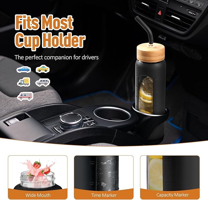 Kodrine Water Bottle with Straw, 24 oz Glass water Bottle with 2 Lids Bamboo Straw Lid and Spout Lid with Handle, 32 oz Clear Water Bottle Glass for Sports Travel, Waterbottle with Time Marker