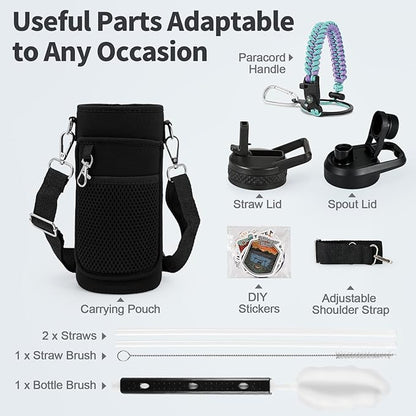 40 oz Insulated Water Bottle with Straw (Cold for 48 Hrs), Stainless Steel Triple Wall Vacuum Sports Water Jug, Leakproof Hydro Cup Flask with Paracord Handle & Straw Spout Lids & DIY Stickers