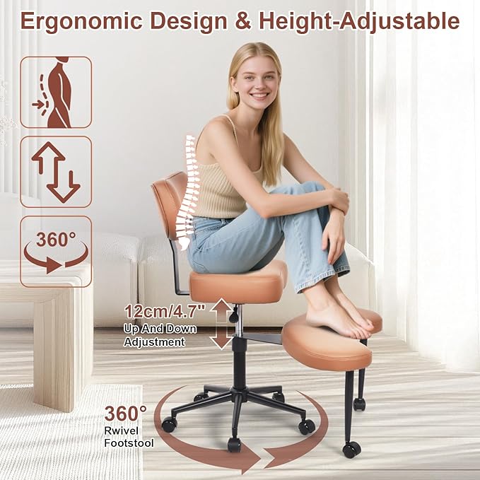 Meditation Chair Cross Legged ADHD Office Chair for Adults with Wheels Ergonomic Back Support and Leg Rest for Multi Position Criss Cross Sitting Kneeling and Yoga Height Adjustable, Leather Style