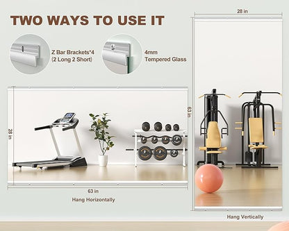 Hasipu Home Gym Mirror 63" L x 28" W - 1PC Large Full Body Mirror for Yoga, Wall-Mounted Mirrors for Fitness, Garage, Dance Studio, 0.16in Tempered Glass Frameless