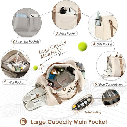FIORETTO Womens Gym Tote Duffle Bag with Toiletry Bag, Sports Duffel Overnight Hospital Workout Carry on Bag for Girls with Wet Pocket & Shoe Compartment, Ideal for Travel, Swimming, Beige & Brown