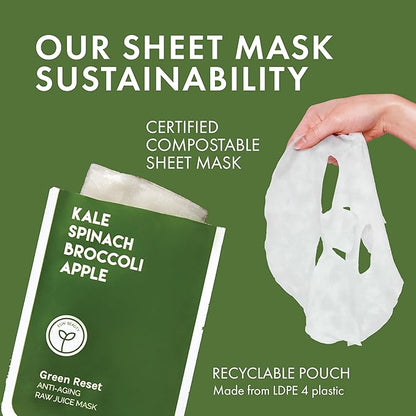 ESW Beauty Green Reset - Anti-Aging Raw Juice Face Mask - Revitalizing with Kale, Spinach, Broccoli & Apple for Mature Skin - Boosts Collagen & Reduces Wrinkles