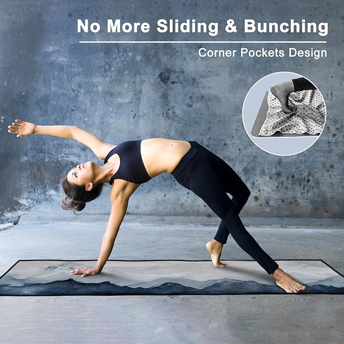 QiyI Yoga Mat Towel with Corner Pockets, Non Slip Sweat Absorbent Hot Yoga Towels, Soft Yoga Blankets with Travel Bag, Skidless Mat Cover for Workout, Gym, Fitness - 70"x26", Watercolor Mountain