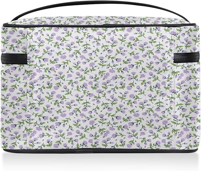 Large Makeup Bag Travel Cosmetic Bags for Women Purple Vintage Bohemian Spring Flower Floral Makeup Organizer Case Toiletry Bag for Girls Traveling Wide Open Portable Pouch with Handle
