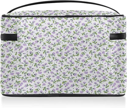 Large Makeup Bag Travel Cosmetic Bags for Women Purple Vintage Bohemian Spring Flower Floral Makeup Organizer Case Toiletry Bag for Girls Traveling Wide Open Portable Pouch with Handle