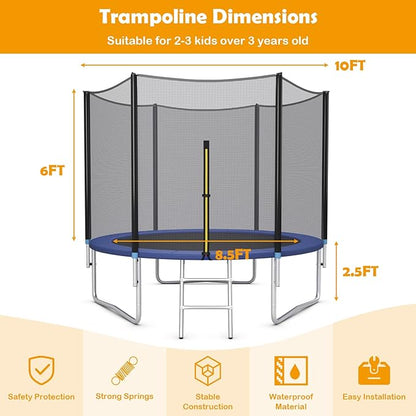 GYMAX Trampoline, 8FT 10FT 12FT 14FT 15FT 16FT Recreational Trampolines w/Safety Enclosure Net & Ladder - ASTM Certificated, Outdoor Trampoline for Kids and Adults