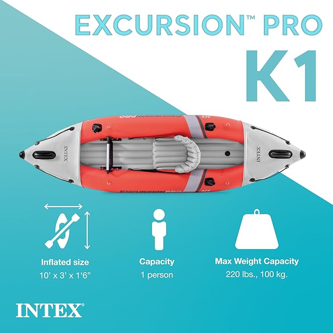 INTEX 68303EP Excursion Pro K1 Inflatable Kayak Set: Includes Deluxe 86in Kayak Paddles and High-Output Pump – SuperTough PVC – Adjustable Bucket Seat – 1-Person – 220lb Weight Capacity
