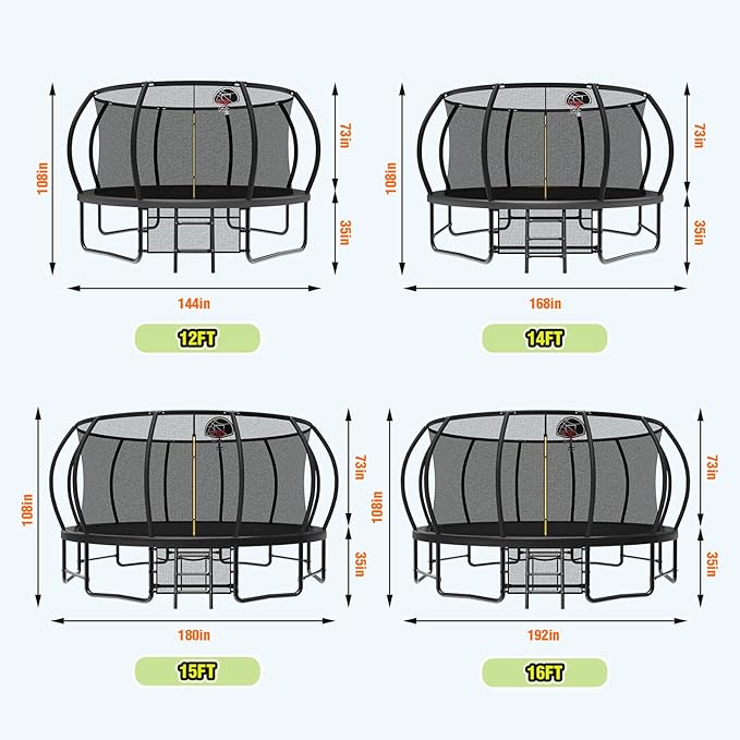 10 12 14 15 16FT Outdoor Trampolines for Kids and Adults, Pumpkin Trampoline with Curved Poles, Recreational Trampoline with Basketball Hoop and Safety Enclosure Net for Kids and Adults