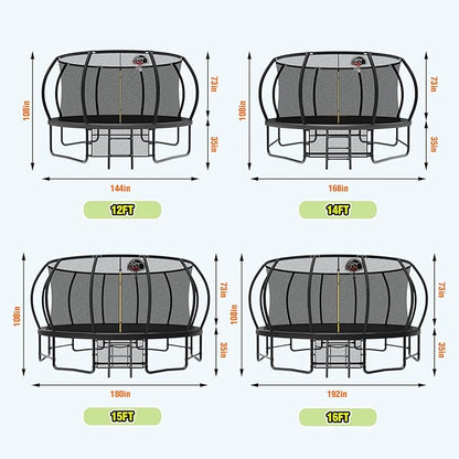 10 12 14 15 16FT Outdoor Trampolines for Kids and Adults, Pumpkin Trampoline with Curved Poles, Recreational Trampoline with Basketball Hoop and Safety Enclosure Net for Kids and Adults