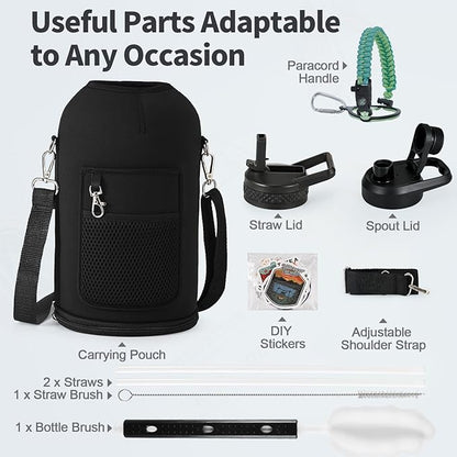 One Gallon Water Bottle Insulated, Triple Wall Vacuum Cold for 48 Hrs & Leak-proof & Non-BPA, 128oz Large Sports Stainless Steel Water Jug with Paracord Handle Straw Spout Lids & DIY Stickers