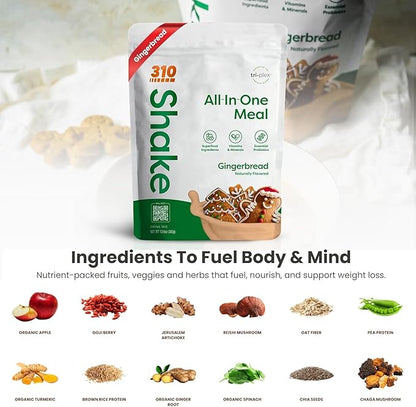 310 Nutrition All-In-One Meal Replacement Shake Powder - Plant-Based Protein Smoothie Blend w/High Fiber, Probiotics & Adaptogens - Low Carb, Vegan, Keto & Paleo Friendly - Gingerbread - 14 Srv
