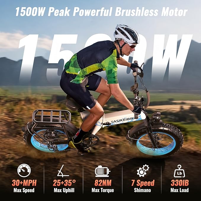 Folding Electric Bike for Adults, 20'' 1500W Peak Fat Tire Ebike, Up to 70 Miles 30+MPH Electric Mountain Bike with 52V 20AH Removable Battery, Dual Suspension, 7-Speed,UL Certified