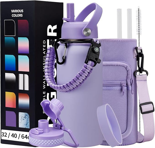 Insulated Water Bottle 32 oz - with Straw & Pop-up Spout Lid, Paracord Handle, Carrier Shoulder Strap, Protective Boot, Wide Mouth Double Walled Vacuum Insulated Gym Water Bottle for Women