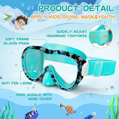 Kids Swim Goggles with Nose Cover, 180° Panoramic Snorkel Mask with Anti-Fog & Anti-Leak Design, Comfort Fabric Strap UV Protection Lens for Boys Girls Ages 3-15