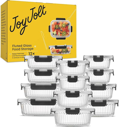 JoyJolt 24pc Borosilicate Glass Storage Containers with Lids | 12 Airtight/Freezer Safe Food Storage Containers for Pantry and Kitchen | Meal Prep Container for Lunch | Glass Tupperware Set