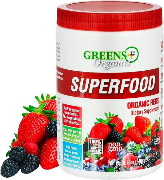 Greens+ Organic Reds Superfood Powder, Antioxidant, Polyphenol, Blend for Morning Kick, Energy, Vitality Boost, Nutrition, Vibrant Health, Vegan Soy/Dairy/Gluten Free(8.46oz)