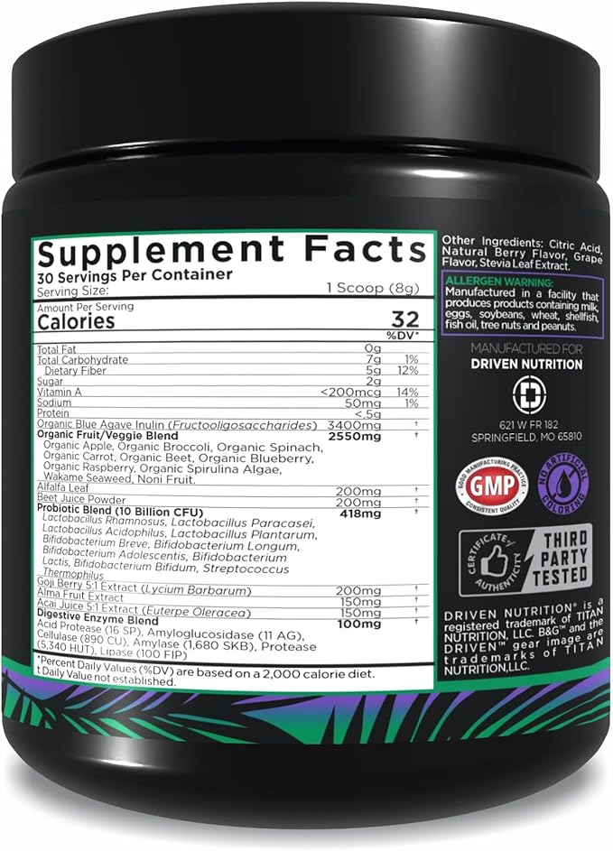 Driven B&G Berries & Greens Superfood Powder, 30 Servings - Organic Plant-Based Formula with Probiotics & Digestive Enzymes -Supports Recovery, Healthy Digestion, and Immune Function