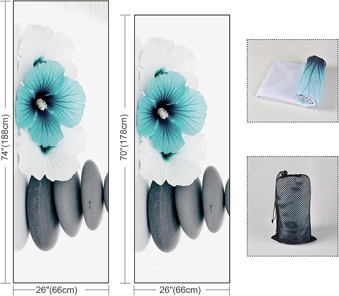 QiyI Yoga Towel with Travel Bag, Microfiber Mat-Sized Hot Yoga Towels, Non Slip Blanket with Corner Pockets, Quick Dry Mat Towel for Bikram, Pilates, Fitness - 70"x26", Pebbles & Blue White Flowers