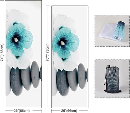 QiyI Yoga Towel with Travel Bag, Microfiber Mat-Sized Hot Yoga Towels, Non Slip Blanket with Corner Pockets, Quick Dry Mat Towel for Bikram, Pilates, Fitness - 70"x26", Pebbles & Blue White Flowers