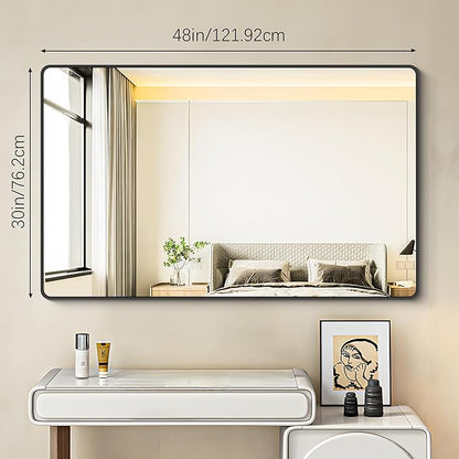 30x48 inch Bathroom Mirror,Black Rectangle Mirror,Wall Mounted Bathroom Frame Vanity Mirror with Round Corner for Bedroom Living Room, Entryway Hangs Horizontal or Vertical