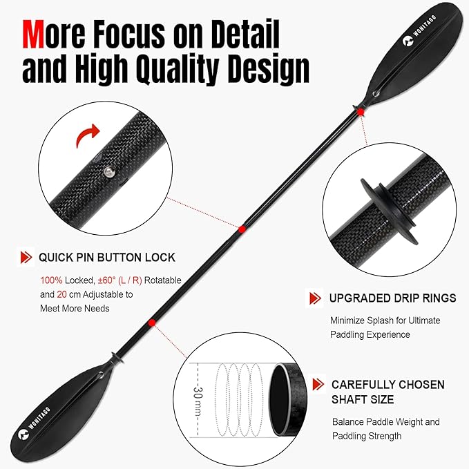Kayak Paddle Premium Carbon Fiber Paddle with Reinforced PP + Fiberglass Blade, Floating Adjustable Kayaking Oars, 3 Piece, 220-240 cm/86-94 Inches, 240-260 cm/94-102 Inches