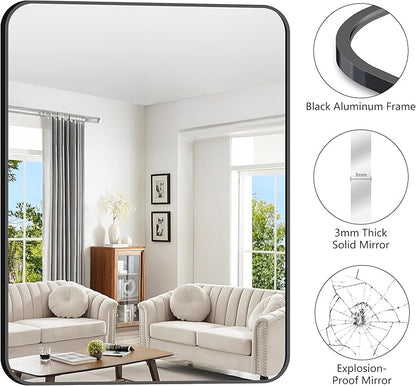 FORBATH Large Bathroom Mirror 48 x 36 Inches，Black Large Wall Mirror Aluminum Frame Wall Mounted Rounded Corner Morndern Mirror for Bathroom Bedroom Entryway Living Room