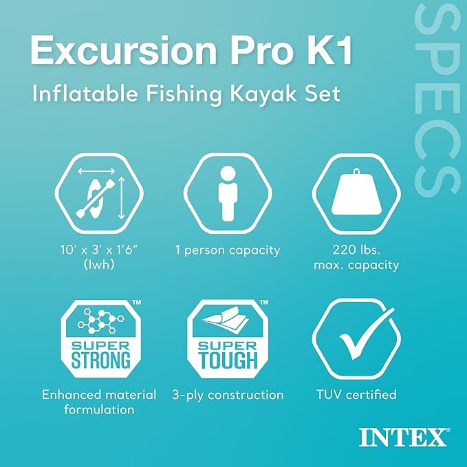 INTEX 68303EP Excursion Pro K1 Inflatable Kayak Set: Includes Deluxe 86in Kayak Paddles and High-Output Pump – SuperTough PVC – Adjustable Bucket Seat – 1-Person – 220lb Weight Capacity